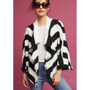 ANTHROPOLOGIE Moth *Flawed Black Cream Striped Knit Fringe Oversized Cardigan